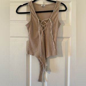 Tobi S taupe bodysuit with lace up front